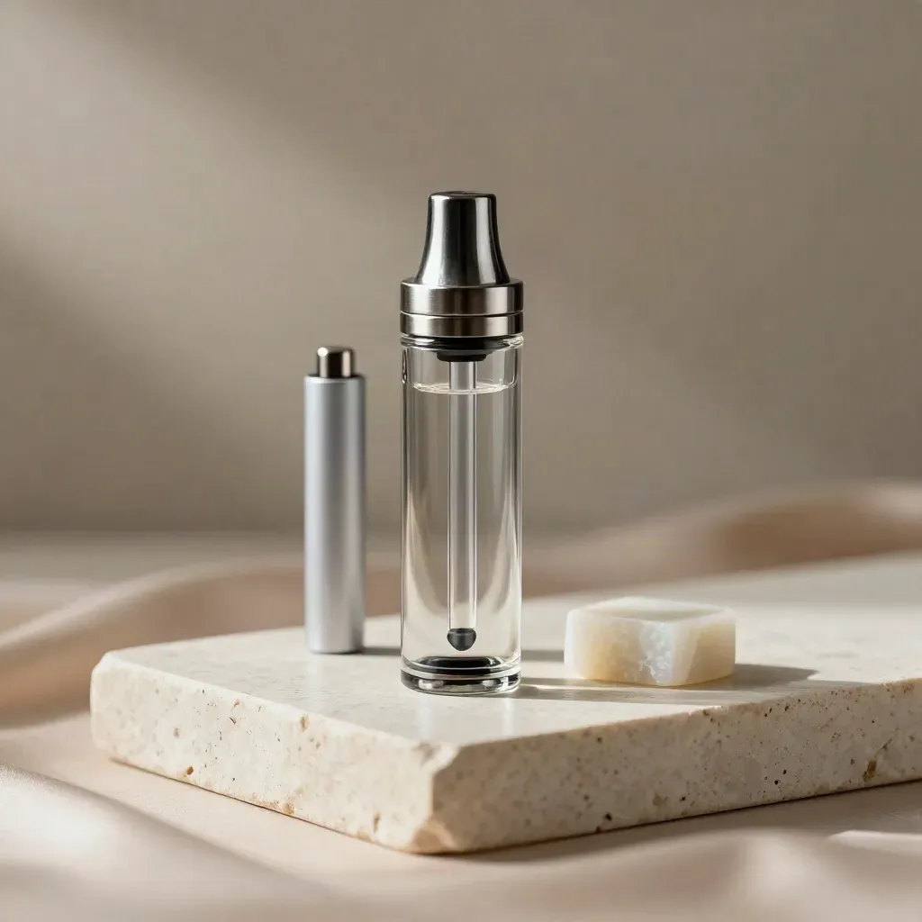 Upright vape cart, spare battery and pale stone rest on cream stone with soft studio light.