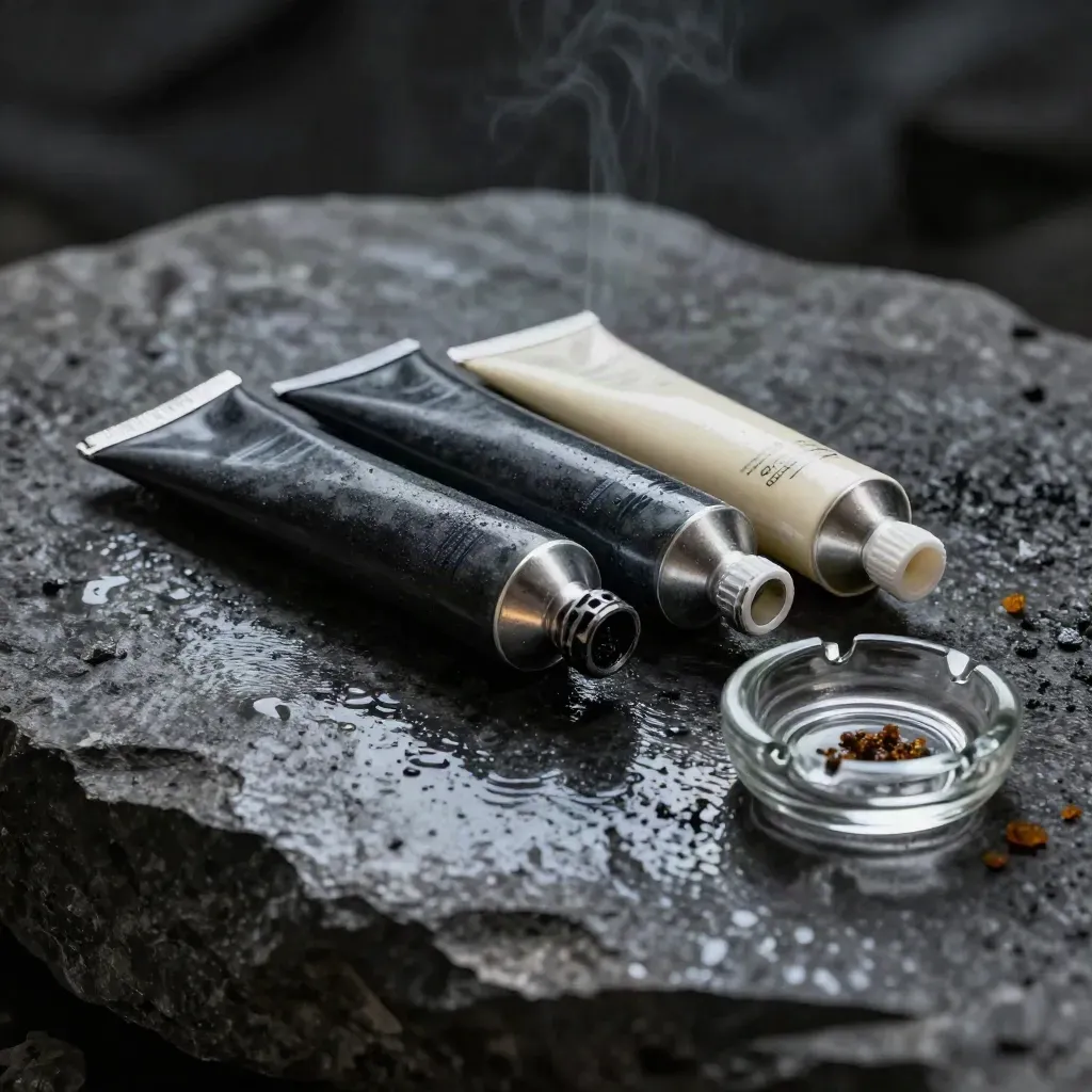 Three unbranded pre-roll tubes on wet basalt with resin crumbs and a glass ash dish, low dramatic light.