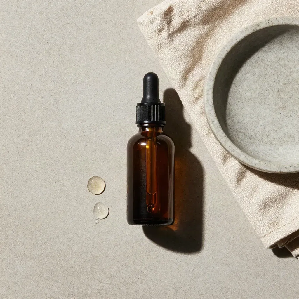 Overhead flatlay of a tincture bottle, dropper, cloth, stone dish, and fresh droplet.