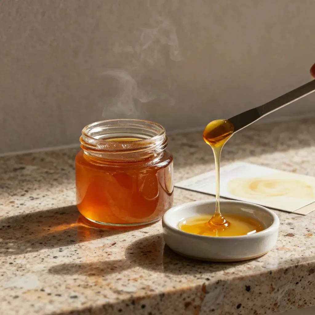Open live resin sugar jar with quartz dab tool and ceramic dish on warm travertine.