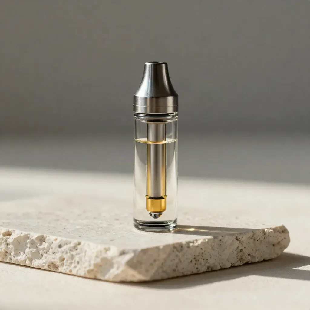 Macro side view of a vape cartridge on pale stone with soft gold highlights.