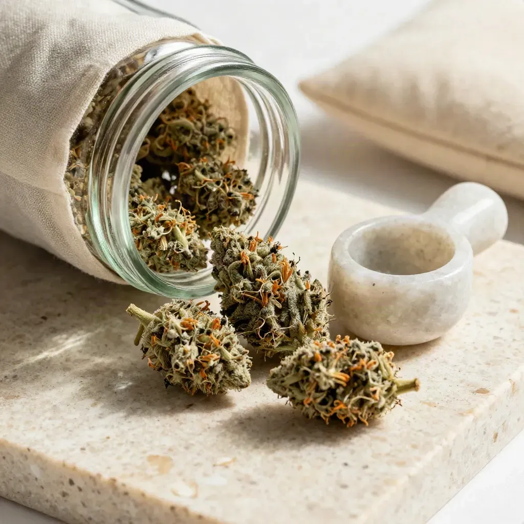 Pink Kush buds spilling from an unbranded pouch into a glass jar on travertine
