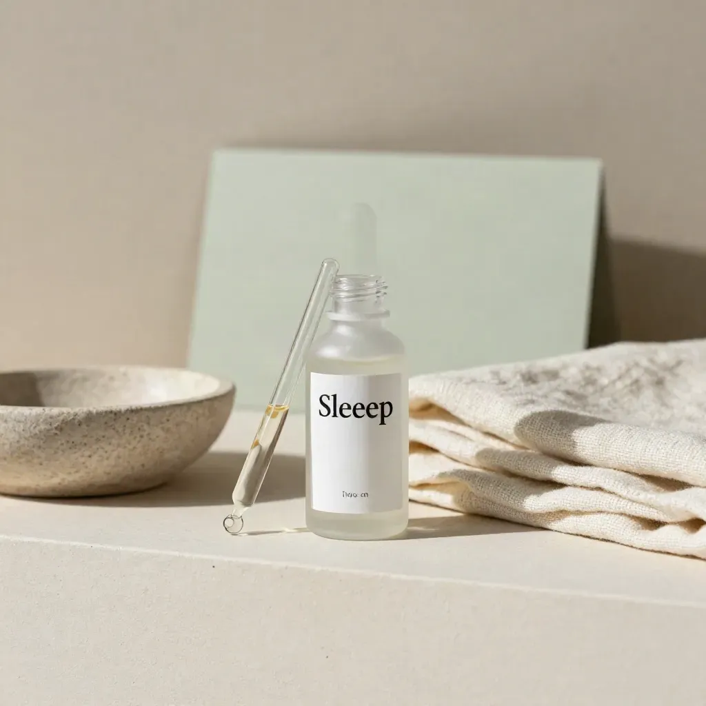 Sleep tincture bottle with dropper, linen, and stone bowl on pale plaster