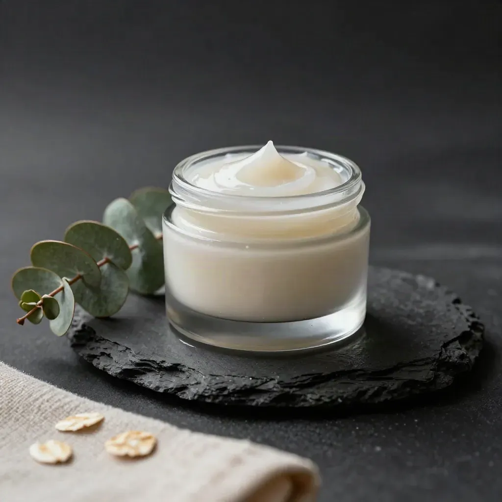 Open cooling balm jar on charcoal stone with eucalyptus and folded cloth in dark studio light