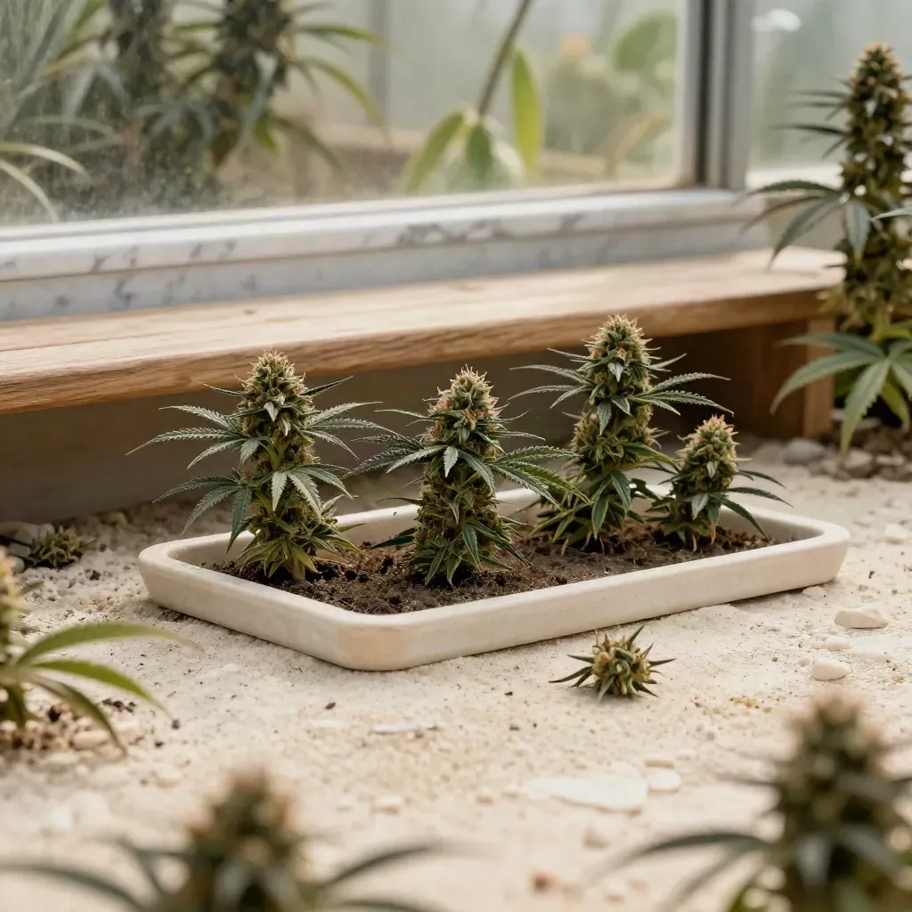 Sunlit cannabis flower stems on marble and pale wood in a calm greenhouse backdrop.